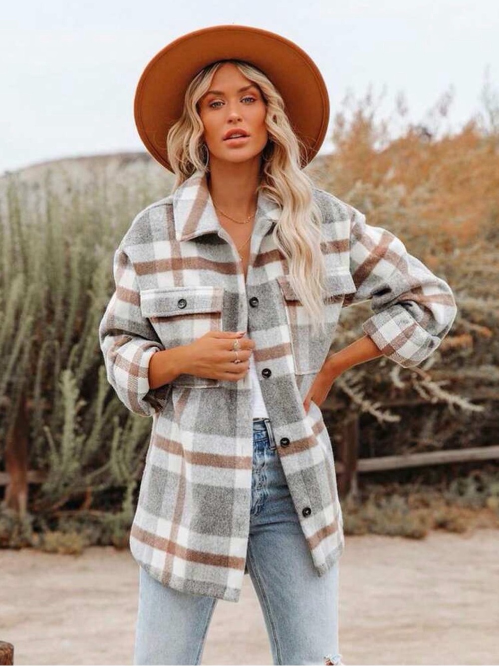 Plaid Shacket Jacket in Gray and Brown - Women's Lightweight Coat